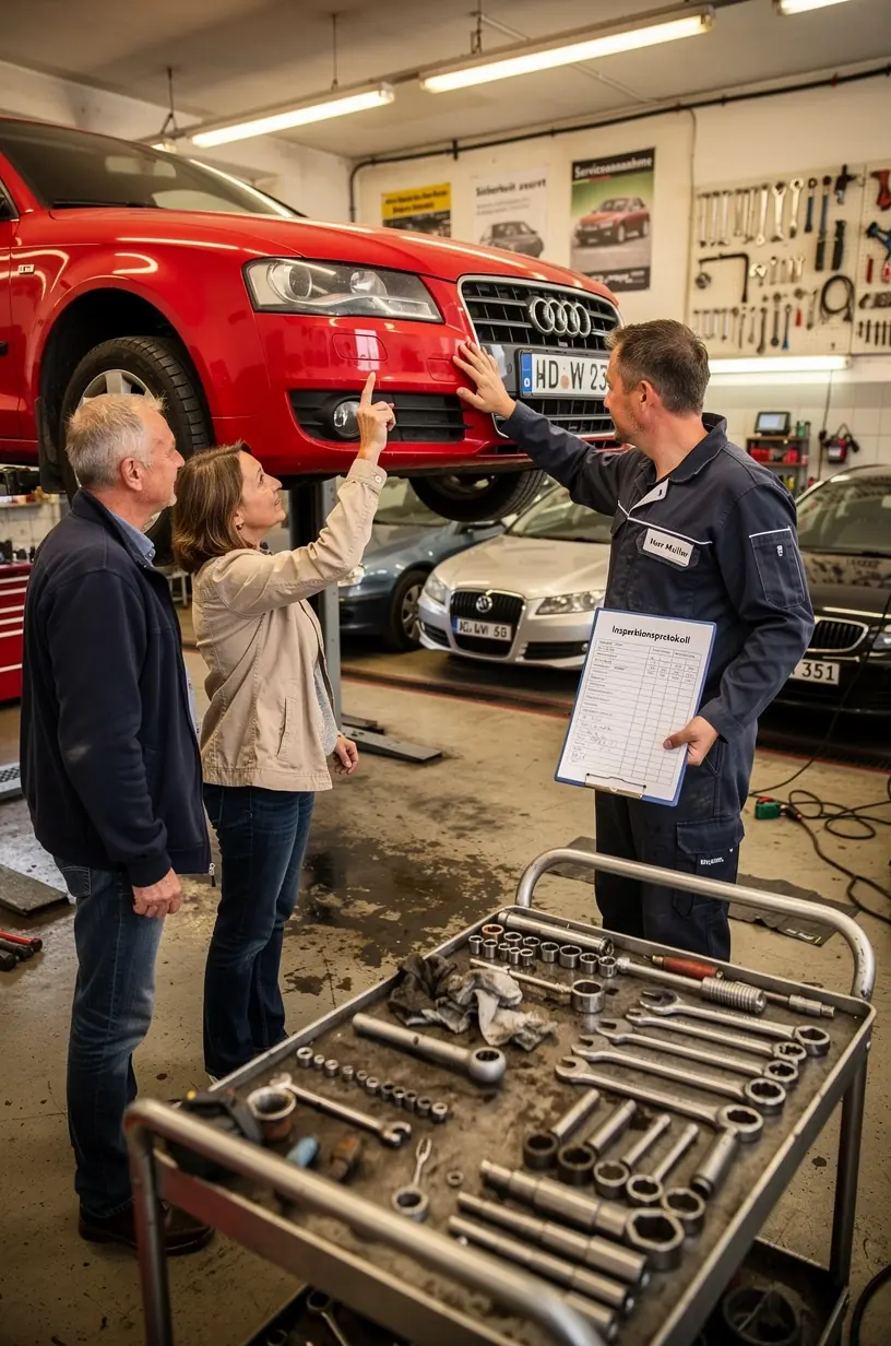 Zufriedener Kunde unterschreibt nach umfassender Gebrauchtwagenprüfung in einer deutschen Autowerkstatt.